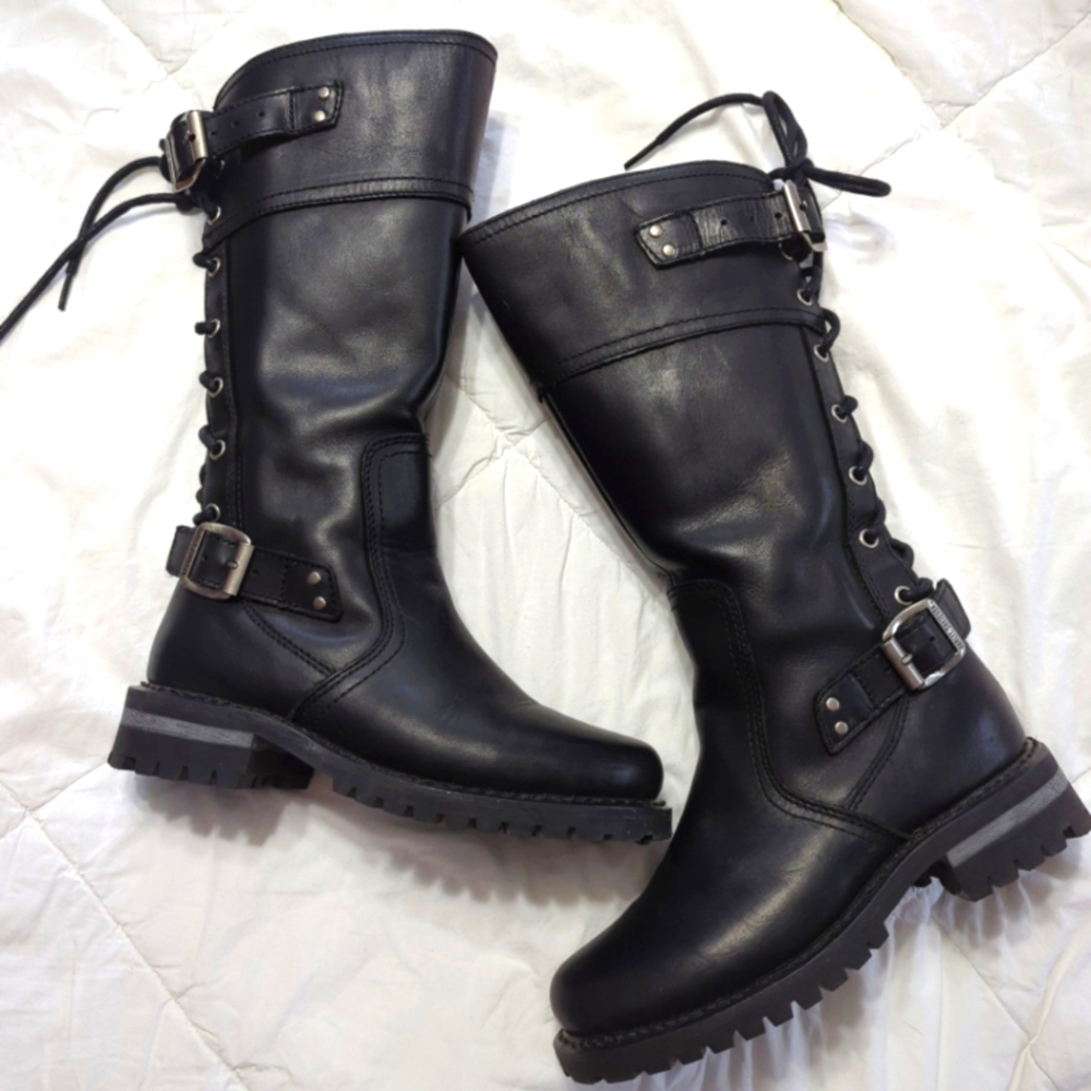 Harley-Davidson Women's Alexa Back Lace Side Zip Black Leather Motorcycle Boots